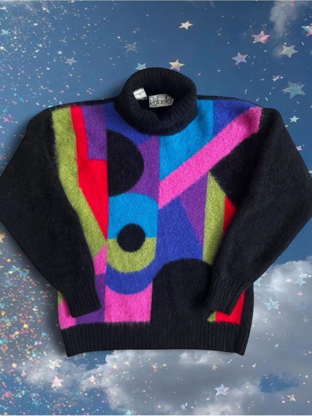 Vintage 90s Rafaella Abstract Multicolor Angora Lambswool Sweater Artsy Turtle